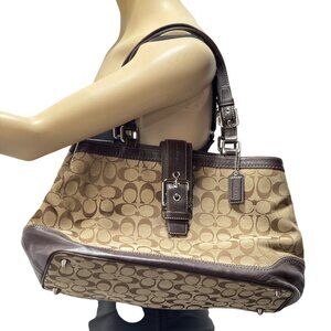 Coach Signature Women's Canvas & Leather Satchel Handbag Brown Dual Handles